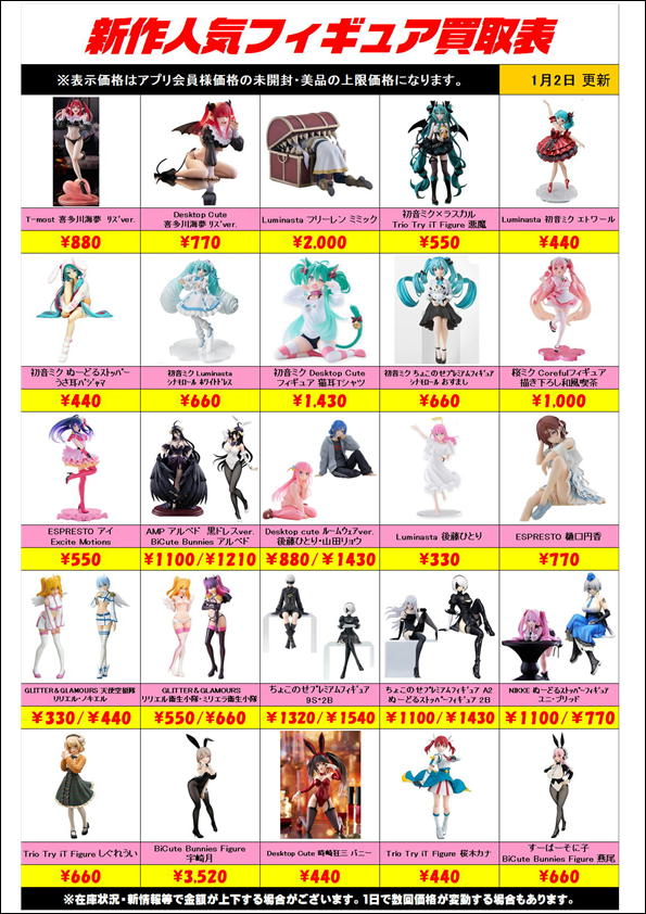 新作プライズフィギュア買取リスト更新しました！ 1/2～ | 千葉鑑定団