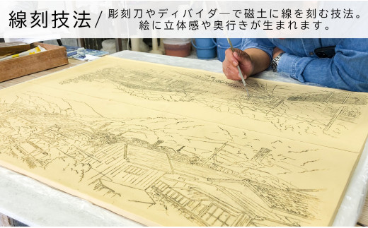 有田焼 線刻陶額「桜の咲く頃~上有田駅の春~」【聡窯 辻聡彦】陶磁器