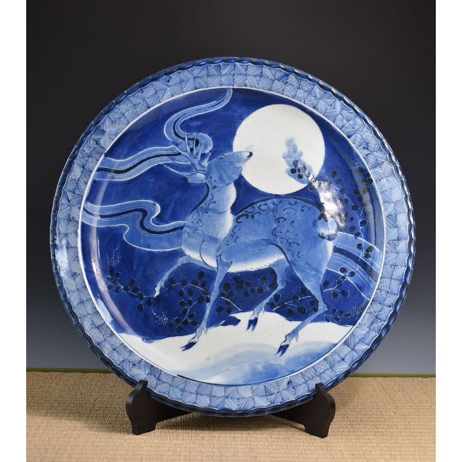 古伊万里 大皿 骨董品 ○名品 ≪ 鹿 月 花 ≫ 大明成化年製 染付 直径