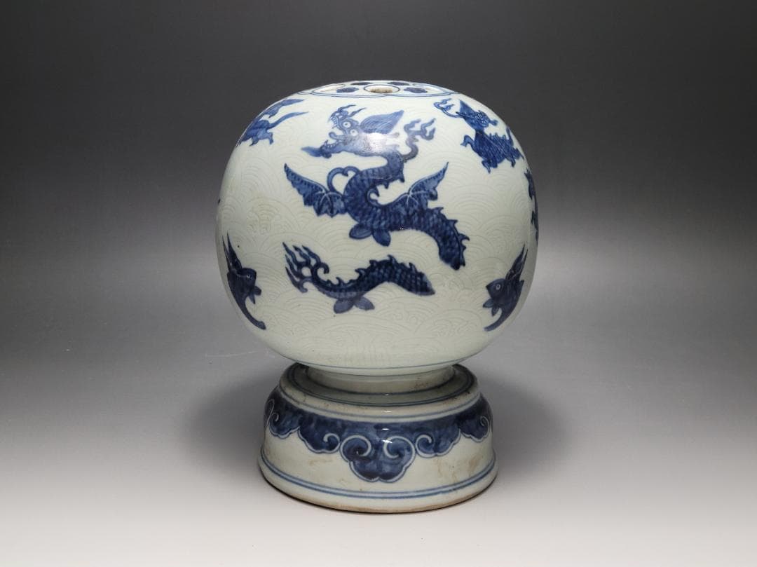 染付 龍神獣紋 球型 花瓶 明清時代 高さ約21.4cm 中国美術 花瓶 中国 花瓶 花入れ 染付 花器 景徳鎮 青花山水花瓶 中国