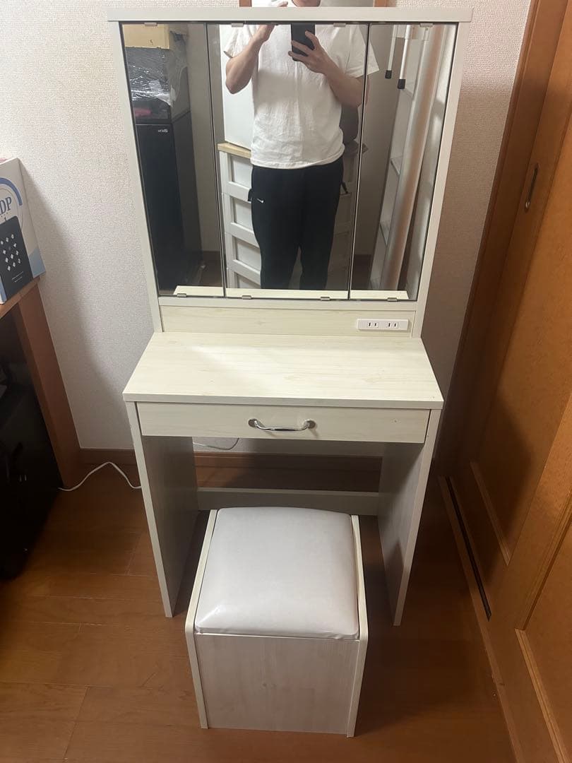 美品　三面鏡ドレッサー 三面鏡セット ドレッサー セット 横幅90cm マホガニー 無垢材使用