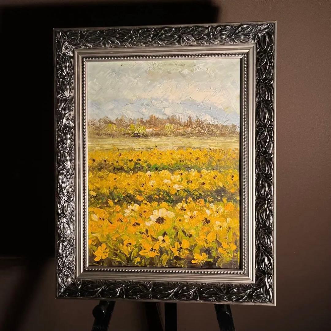 手書き油絵 菜の花畑 肉筆絵画 インテリア 油彩画 絵画 油絵 コスモス畑 （大野純一） 【肉筆】【油絵】【花】【10号