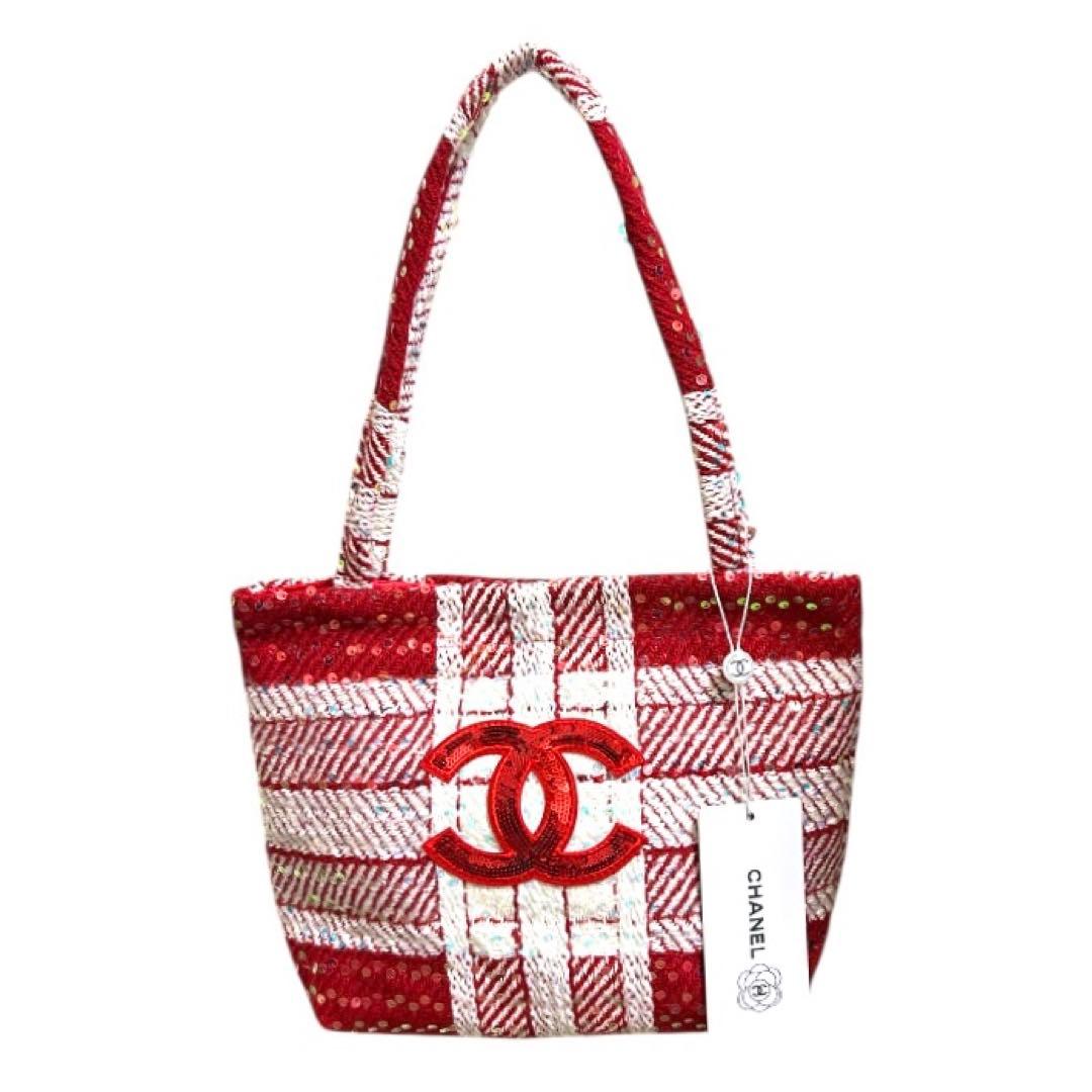 希少 CHANEL シャネル ツイード トートバッグ ノベルティ スパンコール CHANEL】ツイードスパンコール トートバッグ レッド ノベルティ新品未